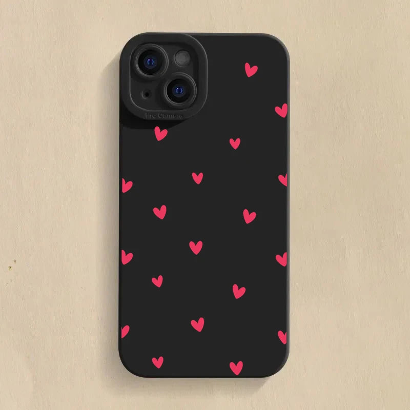 Black phone case with heart pattern.