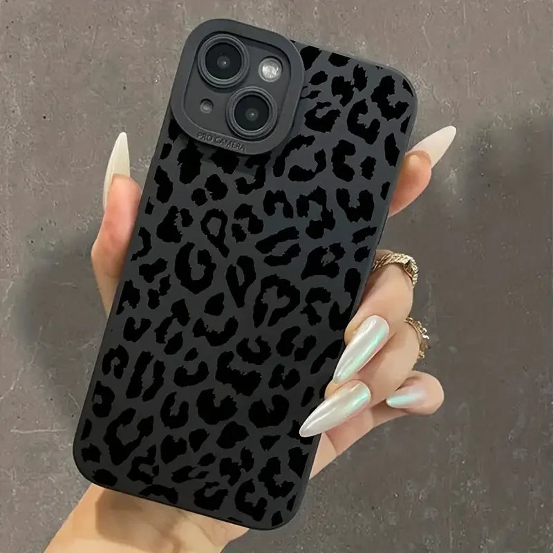 Black phone case with leopard print