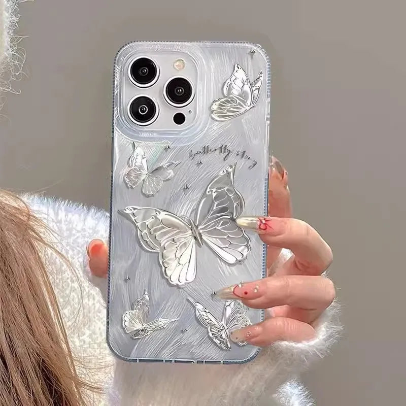 Luxury silver laser effect phone case with butterfly pattern