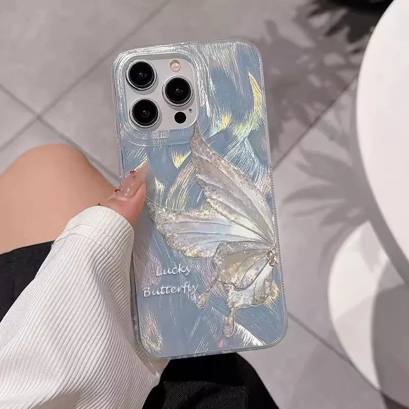 Coque de téléphone de luxe avec effet laser argenté avec motif papillon