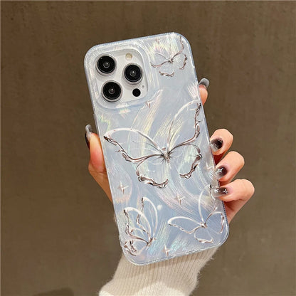 Luxury silver laser effect phone case with butterfly pattern