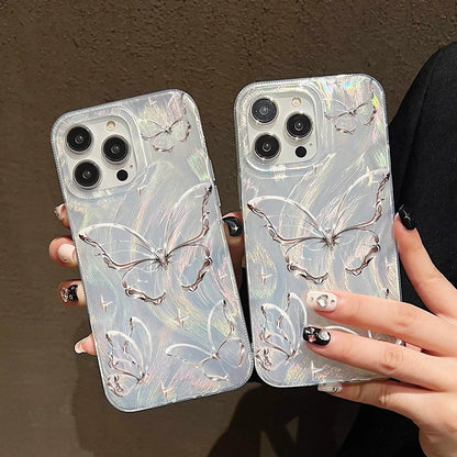 Luxury silver laser effect phone case with butterfly pattern