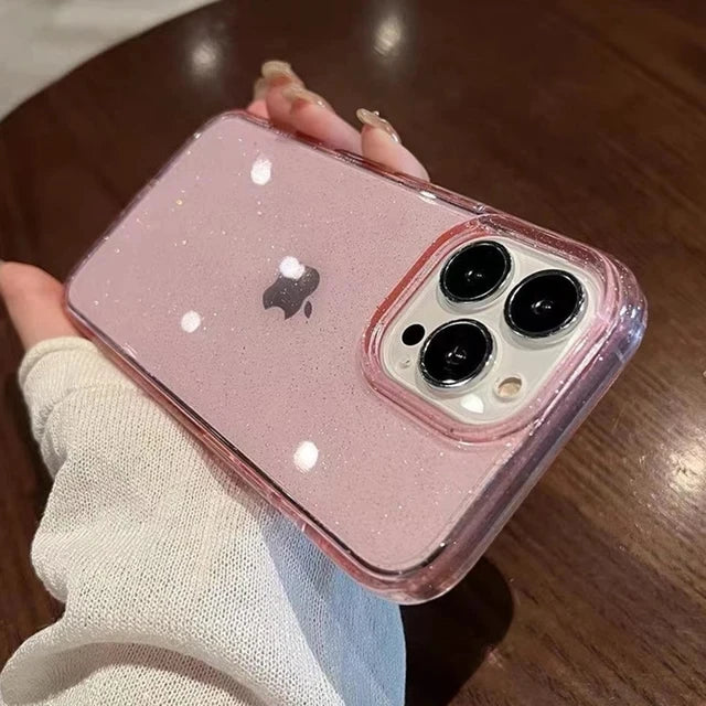 Coque de téléphone de luxe transparente avec paillettes scintillantes.