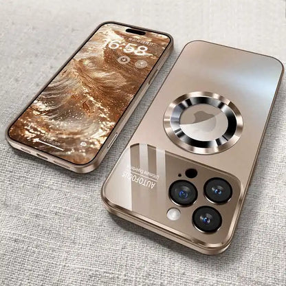 Coque de luxe en verre avec protection pour objectif caméra, charge sans fil magnétique.