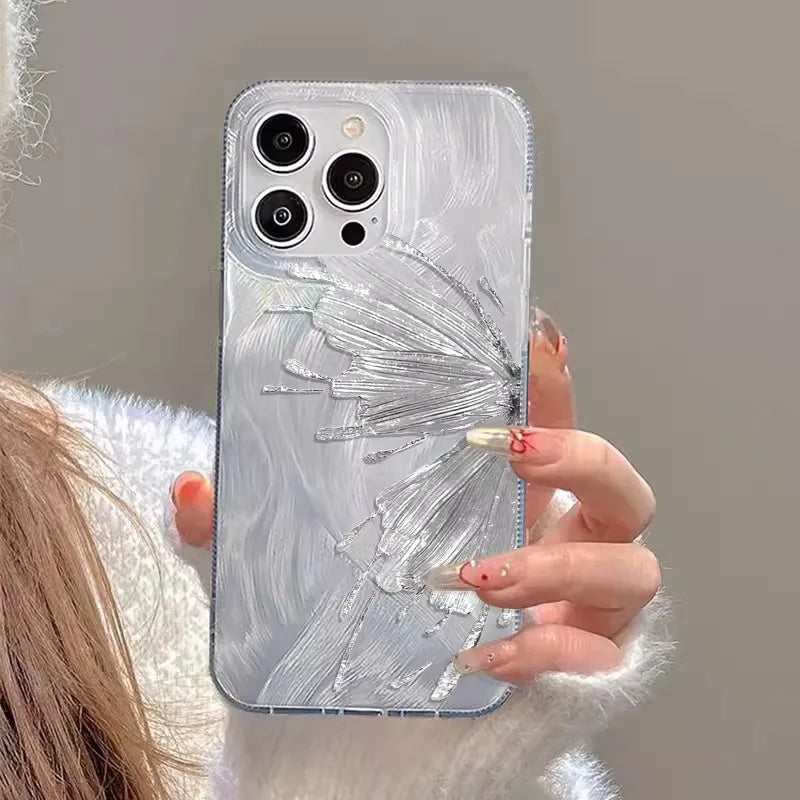 Luxury silver laser effect phone case with butterfly pattern