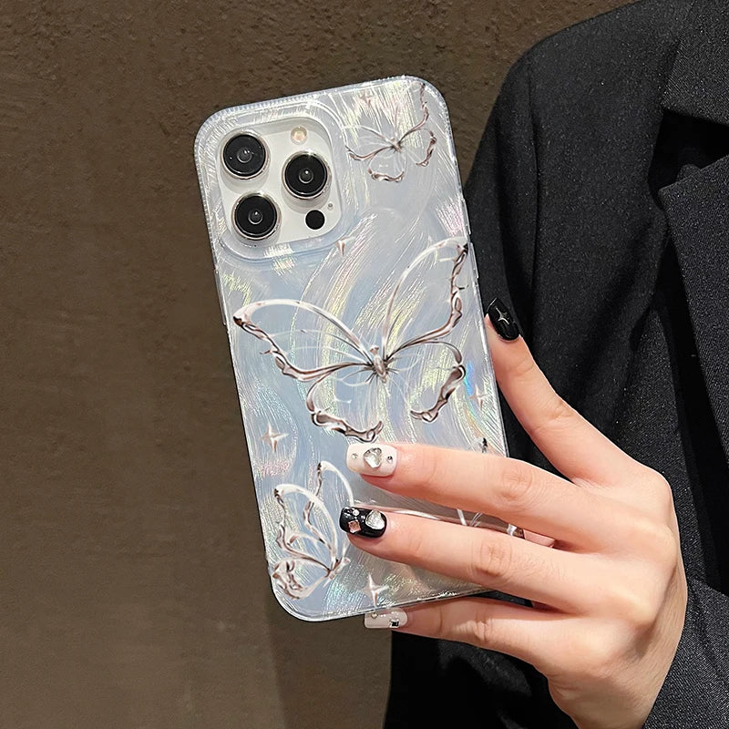 Luxury silver laser effect phone case with butterfly pattern